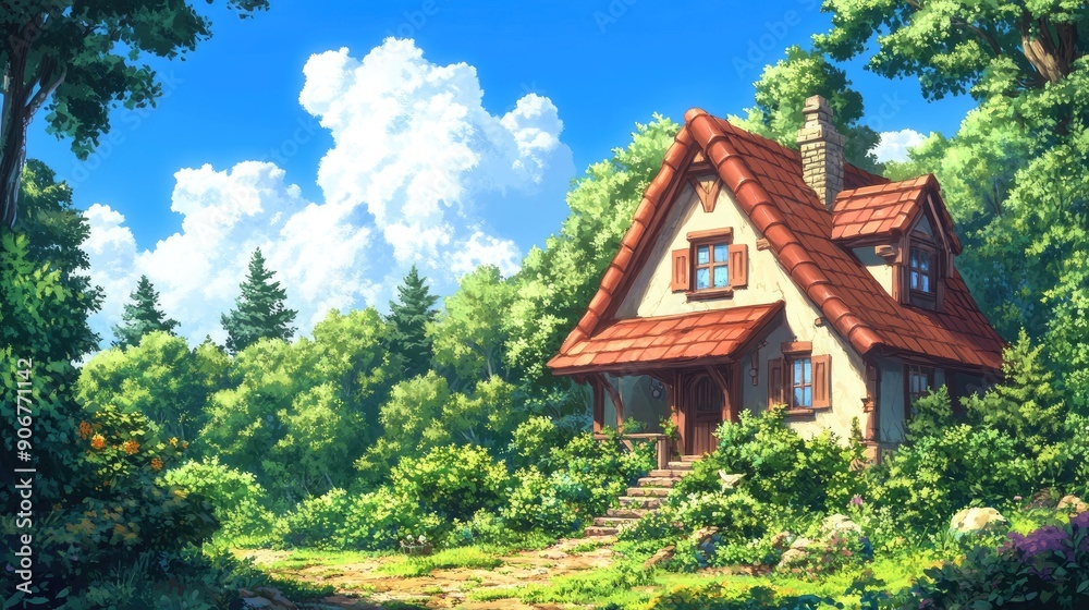 A charming 8-bit house amidst a lush, green forest, with vibrant daytime colors for an anime isekai backdrop. A charming 8-bit house amidst a lush, green forest, with vibrant daytime colors for an anime isekai backdrop.