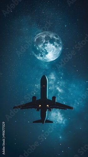 Silhouetted Airplane Against Captivating Moonlit Night Sky with Glittering Stars