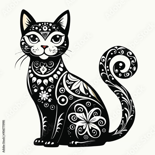 Black and White Ornamental Cat with Swirling Tail