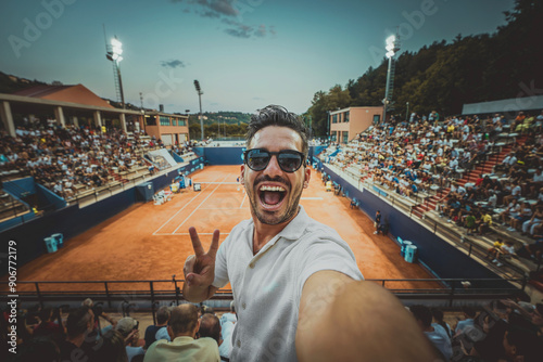 Quadro em tela Handsome young tennis spectator taking selfie picture watching grand slam tourna
