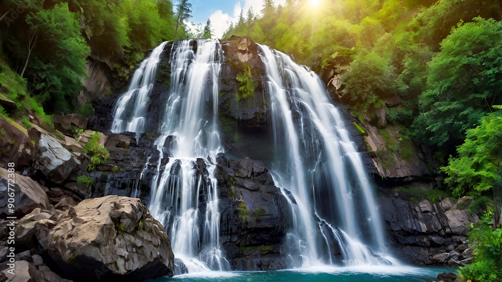 Obraz premium Beautiful mountain waterfalling background image and use it as your wallpaper. Ai generative