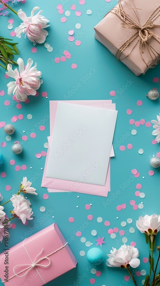 Festive flat lay with pink peonies, wrapped gifts, and blank cards on turquoise background. Scattered confetti adds a celebratory touch to this charming composition. Festive flat lay with pink peonies, wrapped gifts, and blank cards on turquoise background. Scattered confetti adds a celebratory touch to this charming composition.