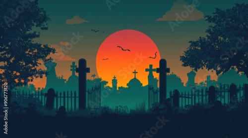 Eerie Sunset Over a Graveyard Silhouette