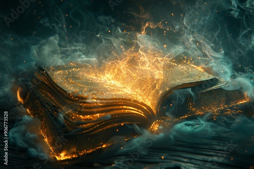 A book, seemingly floating in mid-air, surrounded by swirling mists and glowing particles