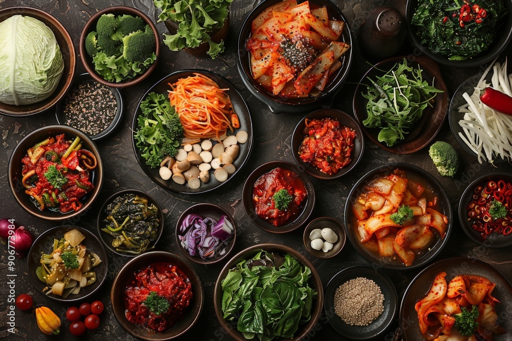 spread of traditional Korean food with kimchi as a central element