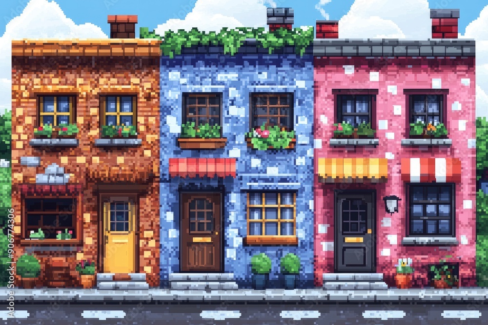Fototapeta premium Pixelated Row of Colorful Houses with Awnings