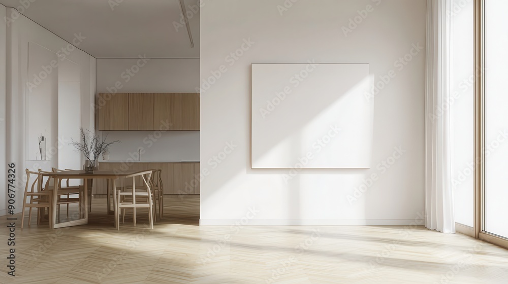 Obraz premium Modern Minimalist Dining Room with a blank painting for mockups and designs.