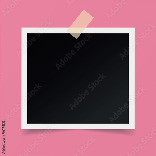 Photo frame on the wall. Blank photo stuck with sticky tape. Vector illustration