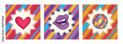 Set of retro pop art style bright backgrounds with a heart, woman lips and disco ball. Decorated with stripes and polka pattern. Vector illustration