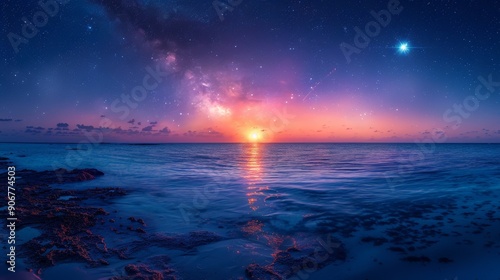 A serene ocean at dusk, a blue sky with the moon and stars above, Earth in the distance, and a few comets shooting across