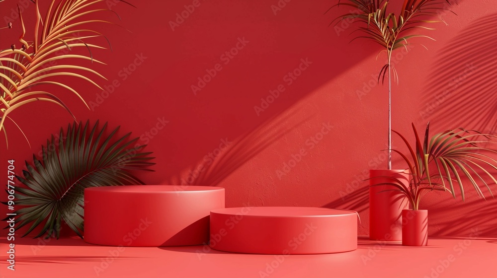 Vibrant red product display podiums with tropical palm leaves creating dramatic shadows, perfect for showcasing luxury items in a bold, contemporary setting. Vibrant red product display podiums with tropical palm leaves creating dramatic shadows, perfect for showcasing luxury items in a bold, contemporary setting.