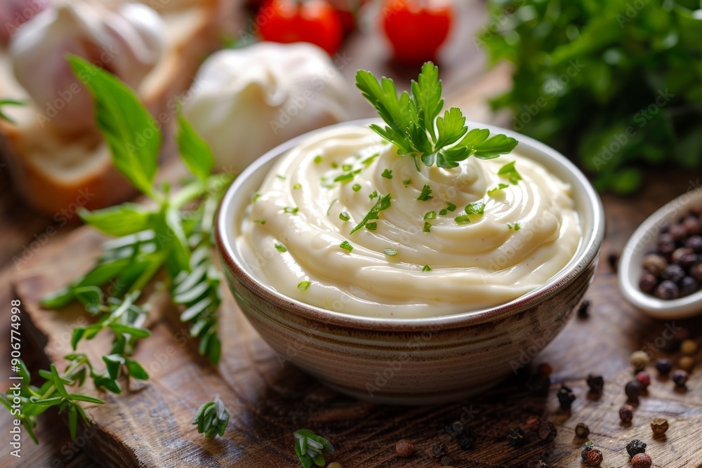 bowl of mayonnaise, surrounded by culinary elements like fresh herbs, vegetables, or bread bowl of mayonnaise, surrounded by culinary elements like fresh herbs, vegetables, or bread