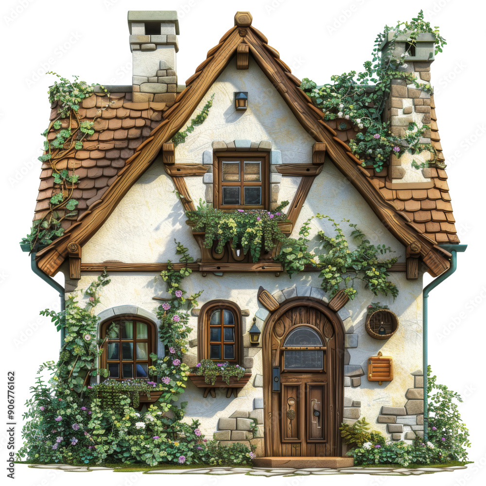 A house with a white roof and brown trim. The house has a lot of ivy growing on it A house with a white roof and brown trim. The house has a lot of ivy growing on it