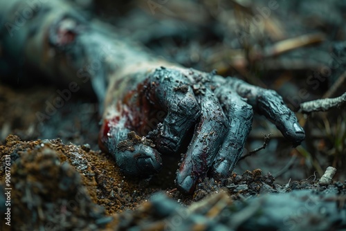 zombie hand, grasping at the edge of a grave, with decaying flesh and dirt clinging to its fingers