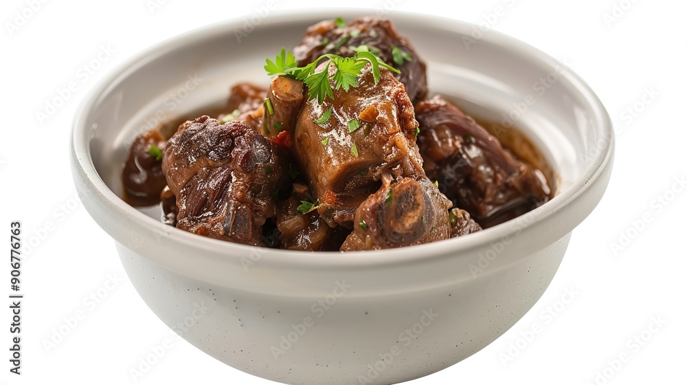 Isolated Bowl with a portion of oxtail stewed vaccinara on white background Isolated Bowl with a portion of oxtail stewed vaccinara on white background