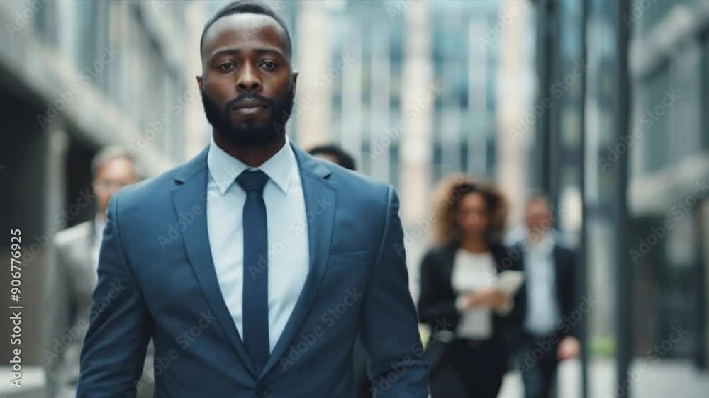 Black executive in a suit walking confidently towards business partners in a corporate setting Black executive in a suit walking confidently towards business partners in a corporate setting