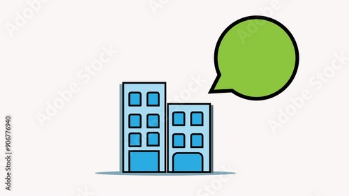 Two buildings with speech bubble displaying money and percentage sign, perfect for financial concepts and investment presentations.