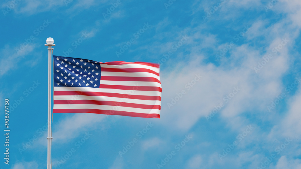 Fototapeta premium Raising the USA flag against the sky, place for text, 3D illustration