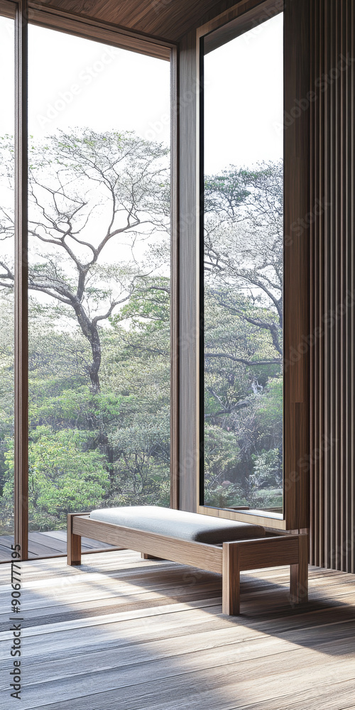 Fototapeta premium Luxury apartment room interior with a large window together with minimalist furniture and decoration. Contemporary Real Estate interiors design.