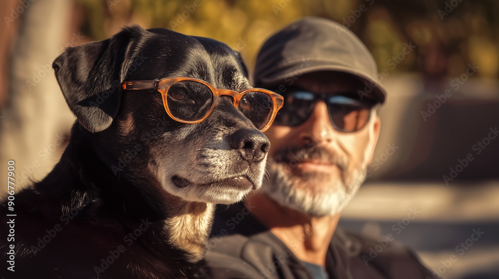 A funny black dog with glasses is sitting next to a man wearing sunglasses and a hat with a blurred background A funny black dog with glasses is sitting next to a man wearing sunglasses and a hat with a blurred background