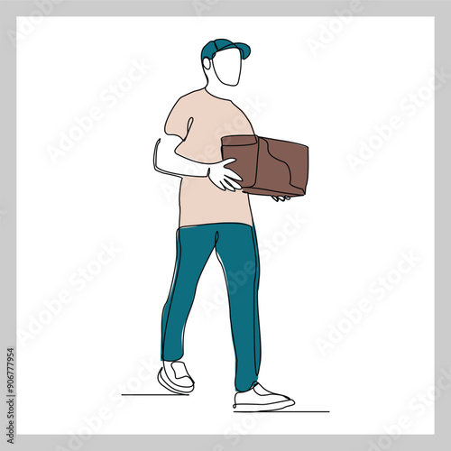 Continuous single line sketch drawing of delivery courier man holding cardboard box package container order. One line delivery shipment worker people vector illustration