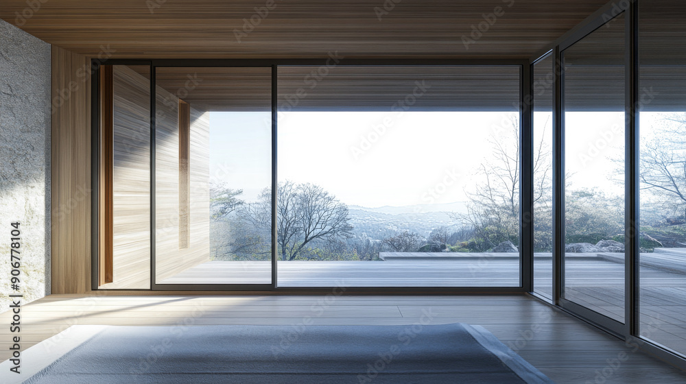 Fototapeta premium Luxury apartment room interior with a large window together with minimalist furniture and decoration. Contemporary Real Estate interiors design.