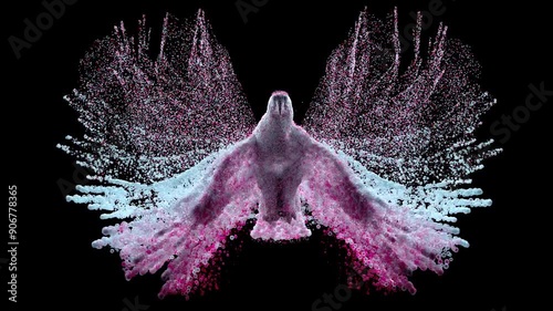 3d render abstract art video animation of surreal 3d model with flying bird eagle based on small balls spheres particles structure in translucent purple color material on black background