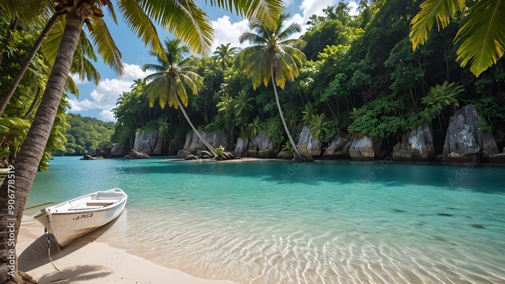 Fototapeta premium Hidden Tropical Beach with Crystal-Clear Water and Palm Trees, with white boat