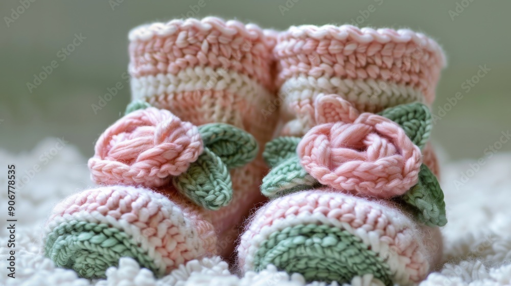 Handmade baby booties in pastel pink and green feature a charming floral design, resting gently on a soft surface, perfect for newborns Handmade baby booties in pastel pink and green feature a charming floral design, resting gently on a soft surface, perfect for newborns