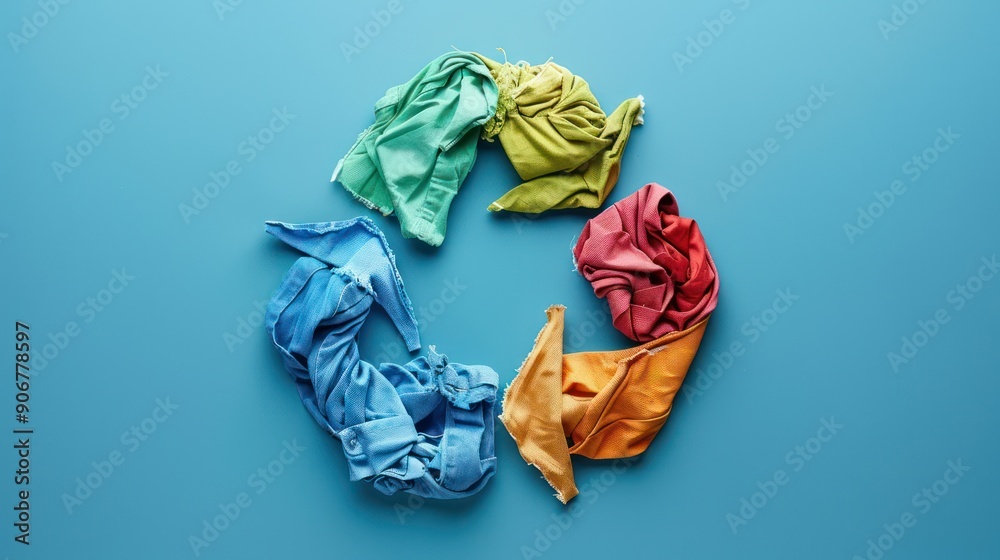 Recycling symbol made from waste clothes, blue background Recycling symbol made from waste clothes, blue background