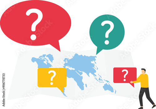 Businessman put new question mark on world map across globe. Confusion problem or doubt, lost in trouble or complexity, misunderstanding.

