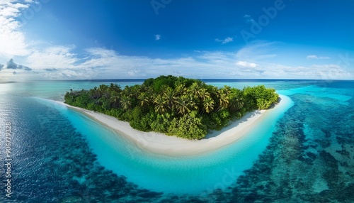 A tranquil, remote island with a pristine coral reef visible through the clear, shallow water, and surrounded by a gentle, inviting sandy beach.


