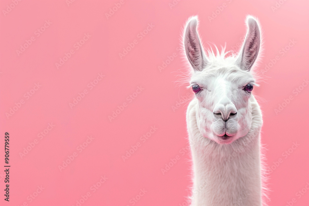 Obraz premium Beautiful llama close up. funny photo. Cute animal image in minimalist style on a pink background.