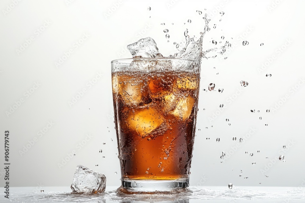 Refreshing Cola Splash with Ice Cubes in Tall Glass on White Background Refreshing Cola Splash with Ice Cubes in Tall Glass on White Background