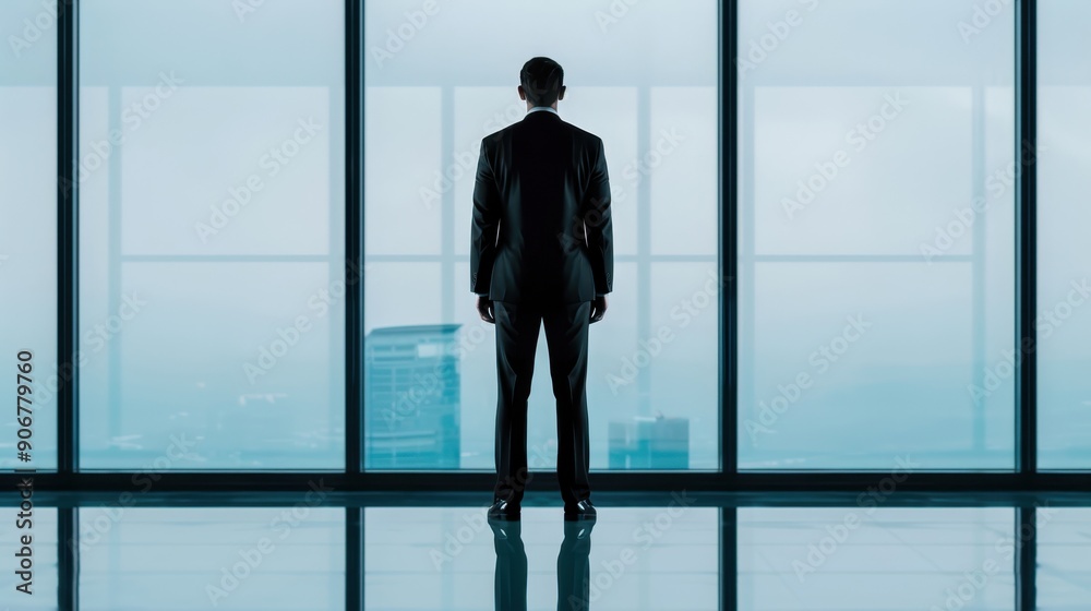 Silhouette of a businessman in a suit gazing out of a large window, contemplating future opportunities in a modern office. Silhouette of a businessman in a suit gazing out of a large window, contemplating future opportunities in a modern office.