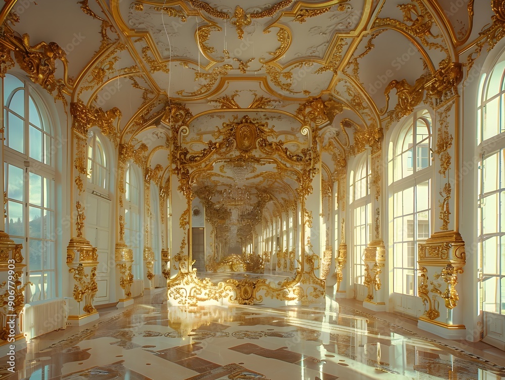 Obraz premium Magnificent Gilded Ballroom with Ornate Baroque Architecture and Lavish Chandelier Reflecting in