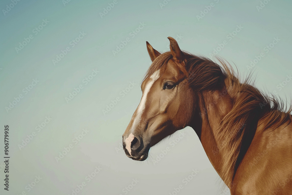 Brown horse looking to the side. Comic photography. Cute animal image in a minimalist style on a light background. Brown horse looking to the side. Comic photography. Cute animal image in a minimalist style on a light background.