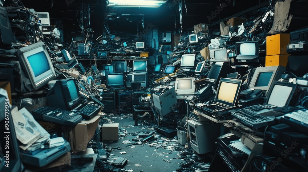 Collection center filled with electronic waste, highlighting the importance of recycling for sustainability. Collection center filled with electronic waste, highlighting the importance of recycling for sustainability.