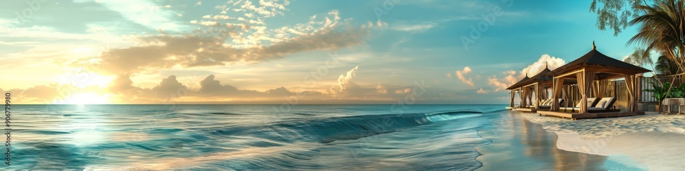 Obraz premium A dramatic seascape at sunset with waves crashing on the shore, sunbeds under cloudy skies.