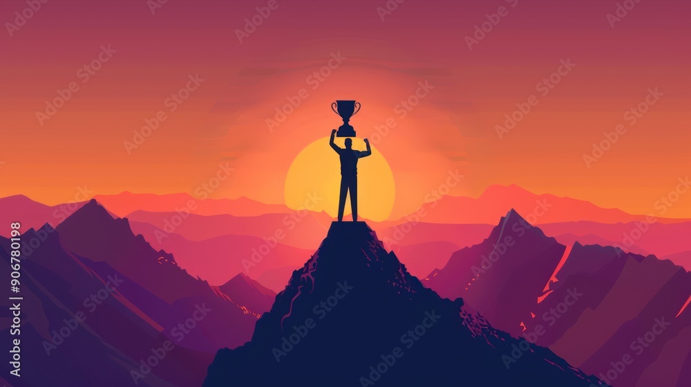 Silhouette of a businessman holding a trophy on top of a mountain with sunset Ideas for doing business successfully Silhouette of a businessman holding a trophy on top of a mountain with sunset Ideas for doing business successfully