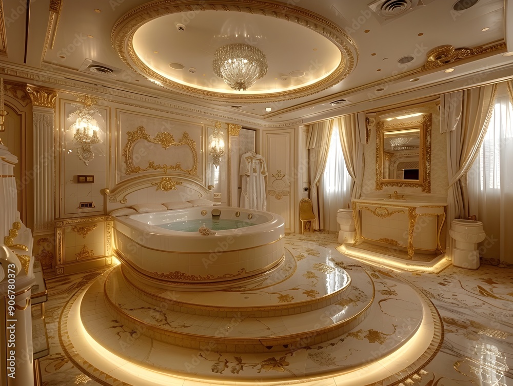 Obraz premium Opulent Gold Trimmed Luxury Hotel Suite with Ornate Decor and Lavish Amenities