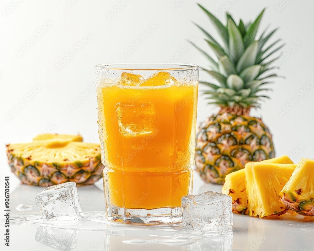 Refreshing Pineapple Juice Splash with Ice Cubes on White Background