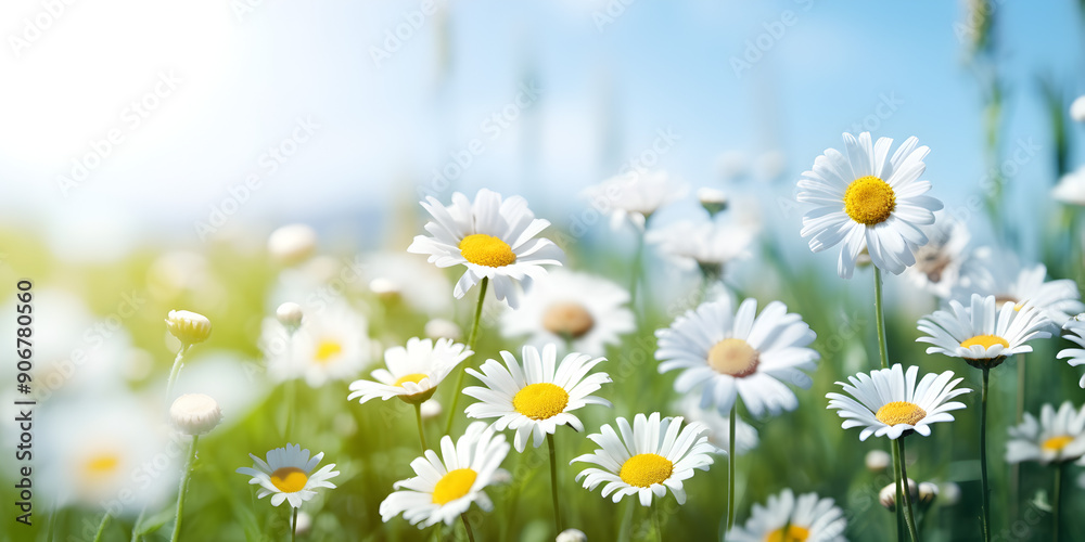 Fototapeta premium Daisy flowers field with warm afternoon light, nature scenic background