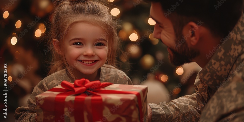 Parent smiling and giving a gift to his happy child. Christmas, interior in camouflage style Parent smiling and giving a gift to his happy child. Christmas, interior in camouflage style