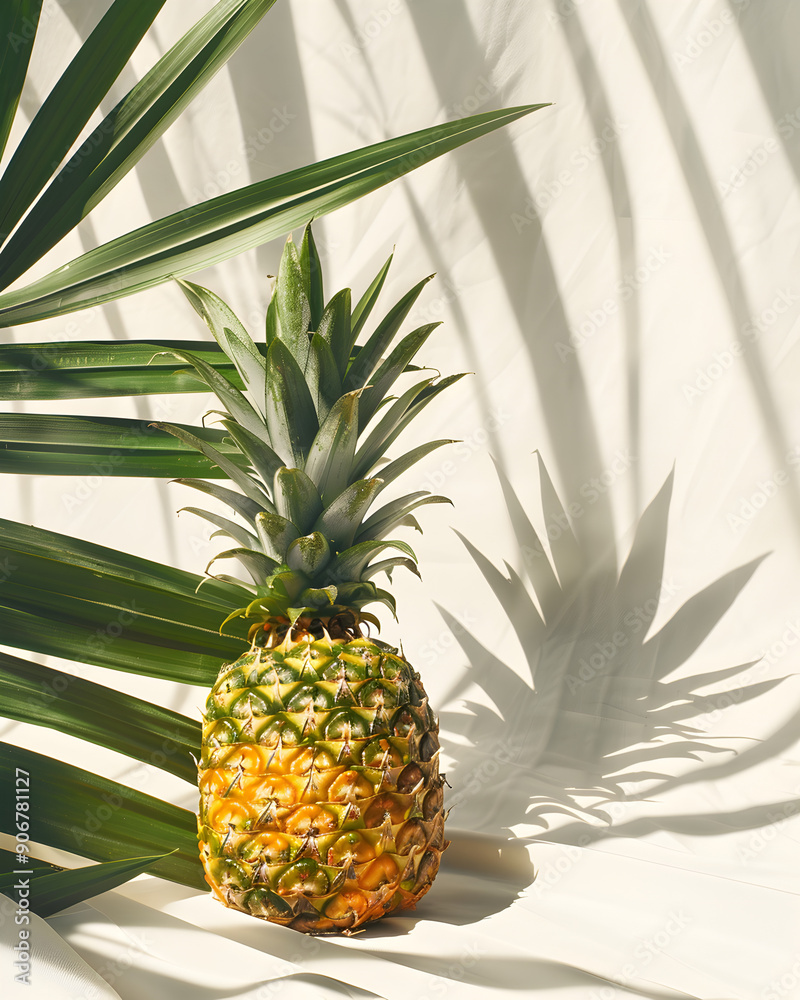 Obraz premium A pineapple is sitting on a white background with a leafy green background