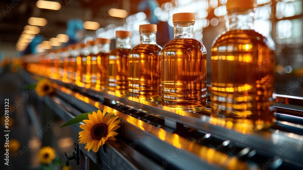 Bottles filled with golden oil move along a conveyor belt in a bright factory, accented by vibrant sunflowers enhancing the workspace Bottles filled with golden oil move along a conveyor belt in a bright factory, accented by vibrant sunflowers enhancing the workspace