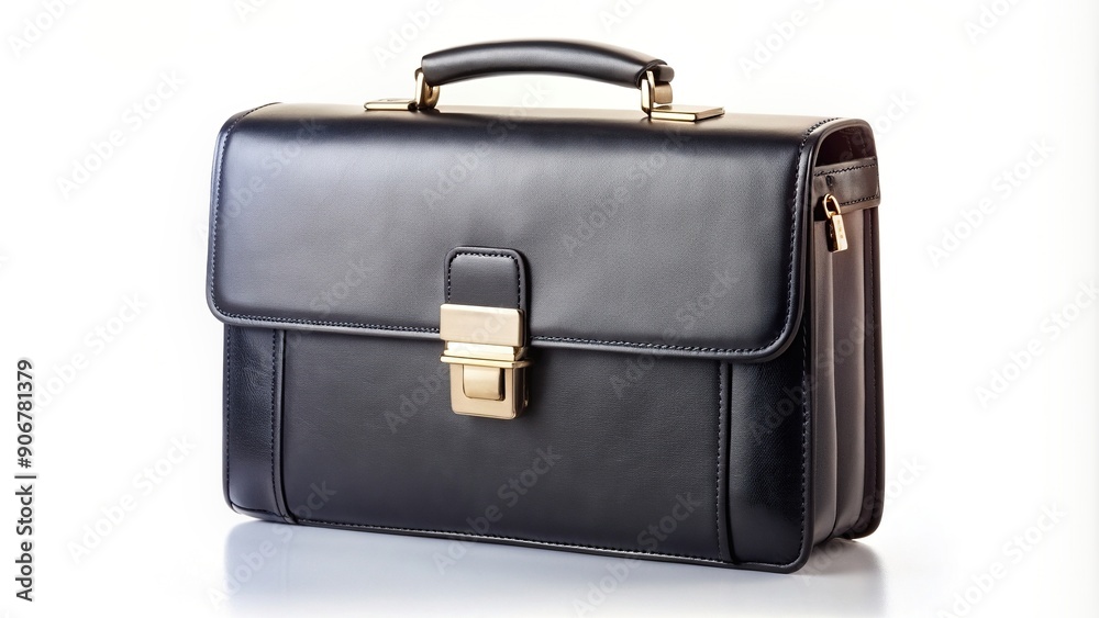 A black leather briefcase is placed on a white background creating a strong visual impact, white background, professional, leading lines, fashion, black, leather, elegant, work, office A black leather briefcase is placed on a white background creating a strong visual impact, white background, professional, leading lines, fashion, black, leather, elegant, work, office