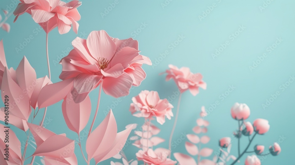 Delicate pink flowers bloom against a soft blue background.  Perfect for spring and floral designs.