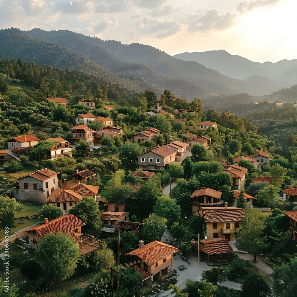 Fototapeta premium Tranquil Mountain Village Nestled in Picturesque Landscape Captured by Aerial Drone