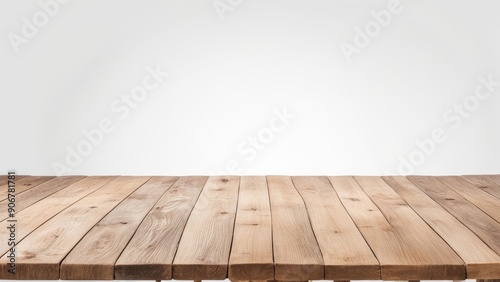 empty brown wooden table foreground isolated white wall background